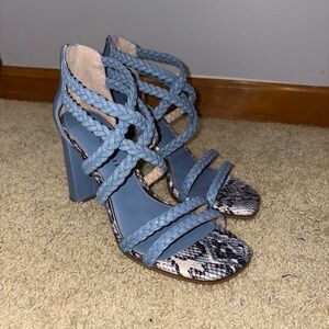 Donald Pliner Seska Braided Block Heel Sandals Snakeskin NEW $268 Blue‎ 8.5M